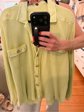 Free People Sage Green Waffle Knit Button-Down Shirt